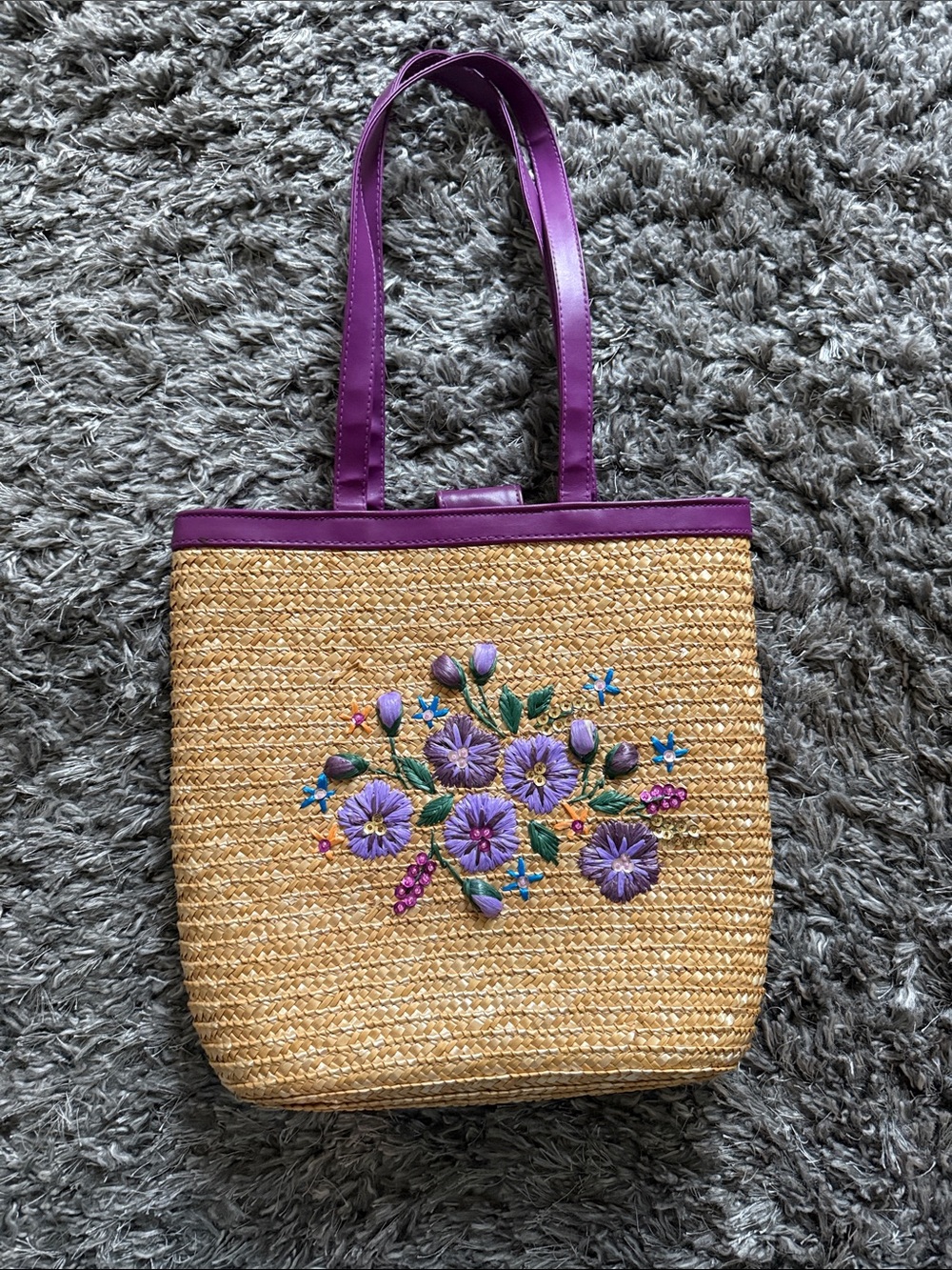 Woven Straw Tote with Purple Floral Embroidery